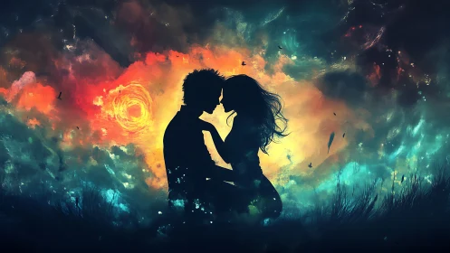 Silhouetted Couple Embracing Within Luminous Dual-Tone Nebular Atmosphere With Spectral Color Gradie