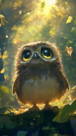 Baby owl glows under soft golden forest light.