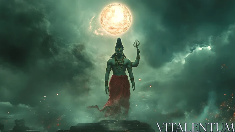 Divine warrior silhouette ascends toward a radiant full moon.