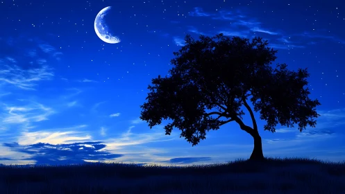 Silhouetted tree under crescent moon with high-contrast nocturnal sky