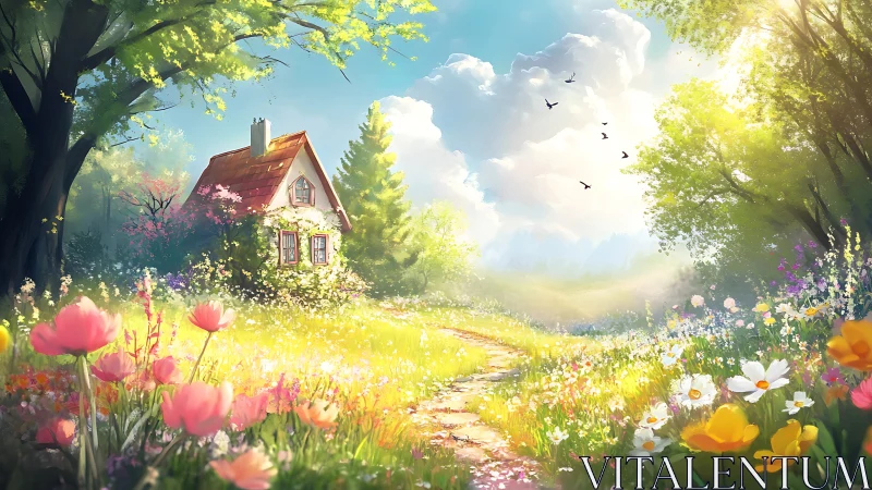 Sunlit cottage in dense spring meadow with high key lighting gradients