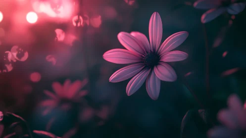 Digitally Rendered Pink Daisy with Bokeh Lighting in Dark Teal Environment