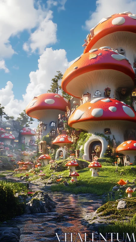 Whimsical mushroom village rises beside a sparkling stream