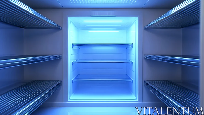 Cool blue refrigerator interior waits calmly for fresh food
