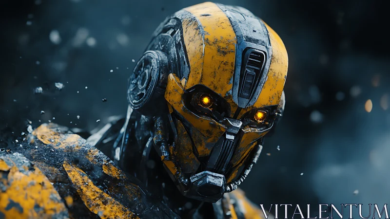 Battle-worn yellow robot gazes ahead with glowing resolve