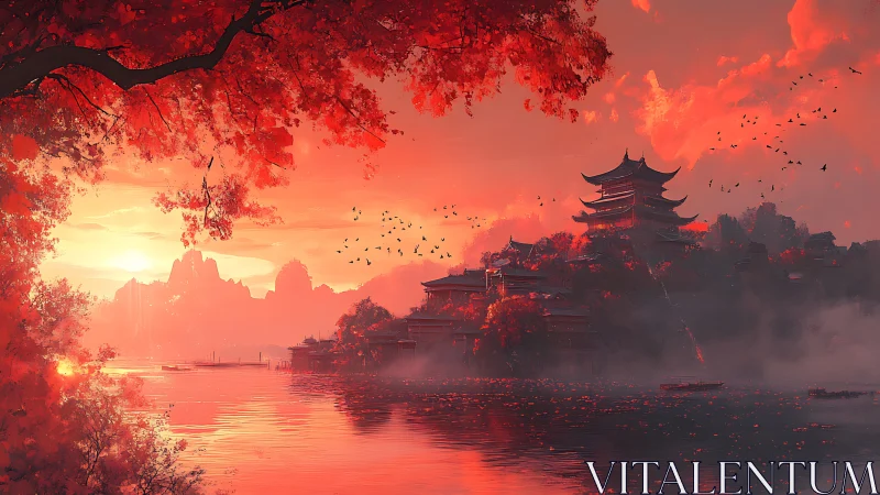 Sunset illuminates pagoda complex beside reflective lake