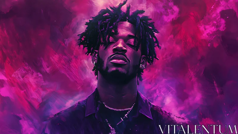 Neon portrait painting of man against vibrant magenta clouds.