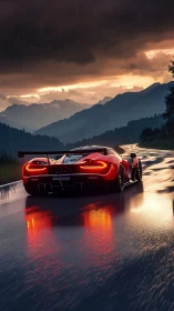 Red hypercar cuts wet mountain road under storm skies.