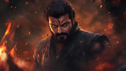 Fire-forged warrior with fierce gaze in glowing embers.