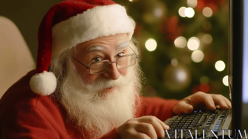 Santa Claus types at a computer amid warm festive lights