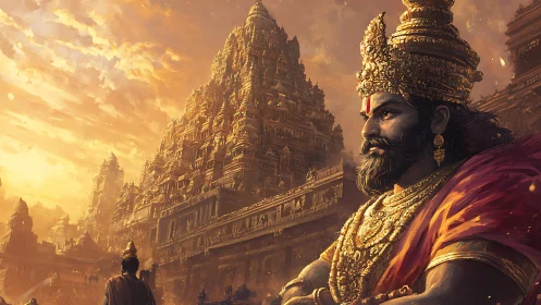 Sun-drenched warrior king contemplates his vast temple realm