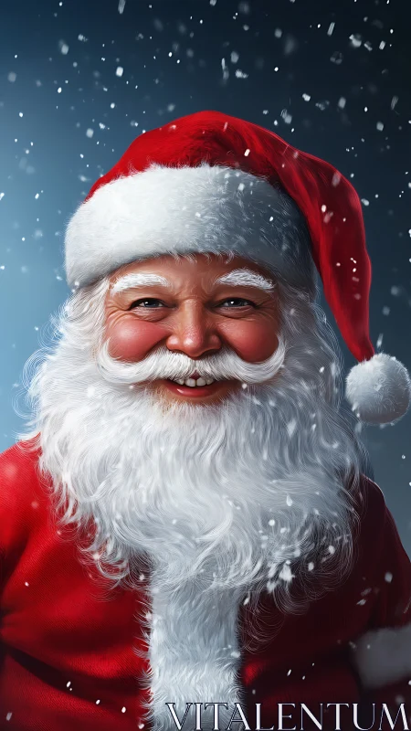 Jolly Santa Claus smiles warmly amid softly falling snow.