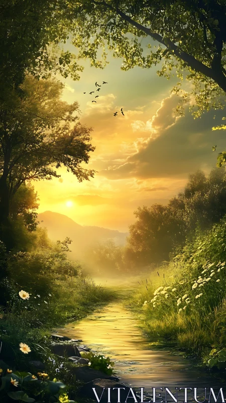 Sunlit forest stream with distant hills at golden hour.