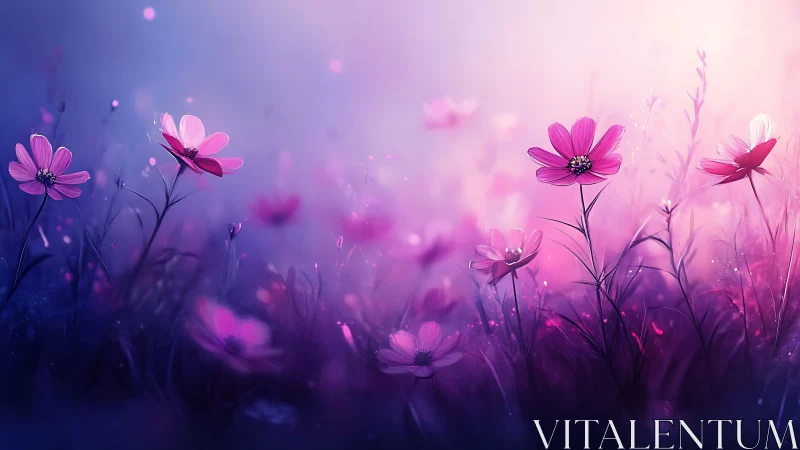 Cosmos flowers field gradient transition purple pink blue.