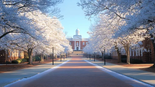 Cherry-lined campus walkway toward domed brick hall in spring.