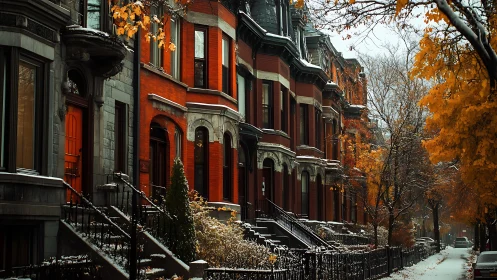 Historic brownstone row houses in early urban winter light.