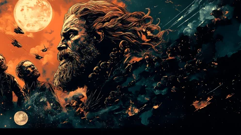 Cosmic warlord drifts through molten moons and starfire