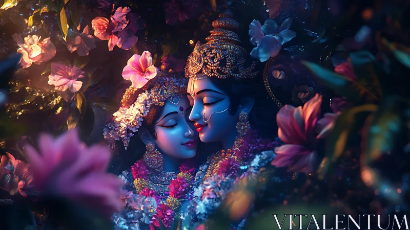 Digital rendering of two blue figures with floral and golden ornamental elements.