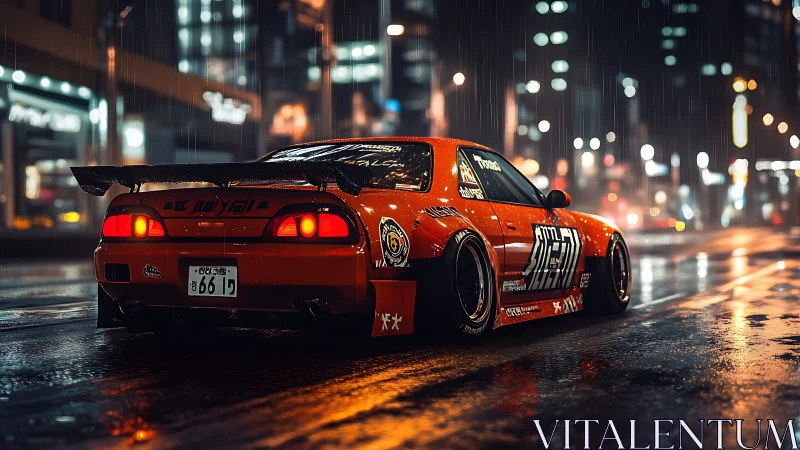 Modified red drift car is parked on wet neon city street