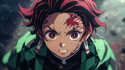 Anime character with facial injuries rendered in dynamic close-up