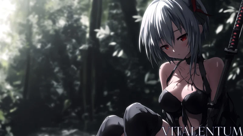 Melancholic silver-haired anime warrior resting in shadowed forest