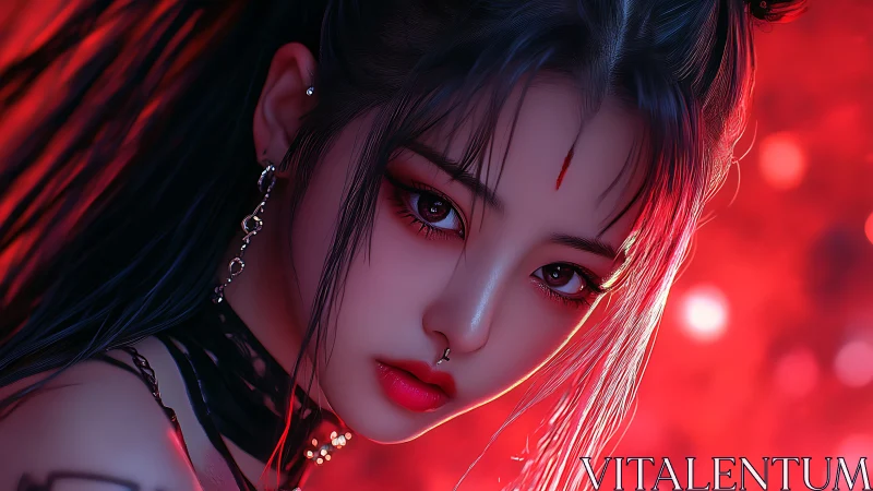 Crimson night glow around a dreamy cyberpunk beauty.