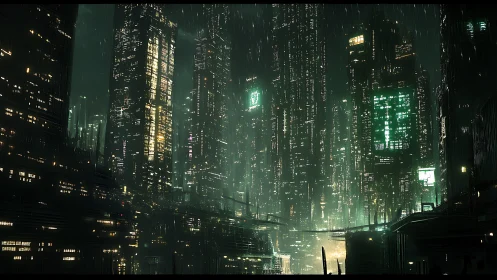 Dense futuristic cityscape with illuminated towers in rain.