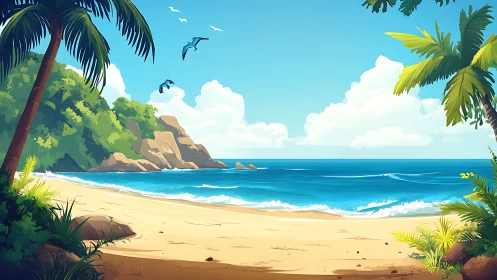 Tropical Beach Landscape with Palmtrees and Rocky Outcrop.