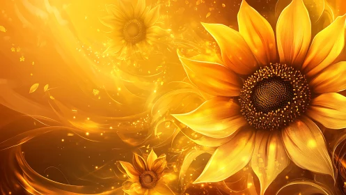 Golden sunflowers glow in swirling luminous light and warmth