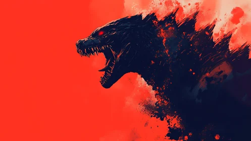 Digital painting of roaring kaiju silhouette on red ground.