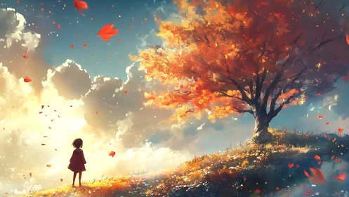 Child at the ember-tree horizon beneath wandering clouds.