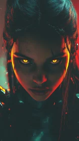 Fierce cyber spirit with molten eyes in neon darkness.