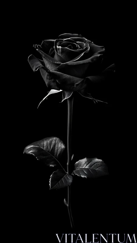 Monochrome macro study of a single black rose stemmed portrait.