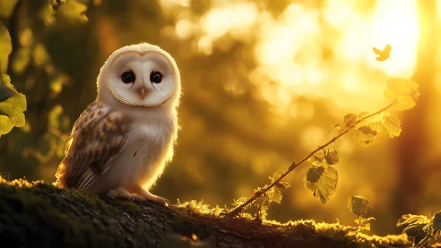 Barn owl perched on mossy branch at golden sunset, soft focus.