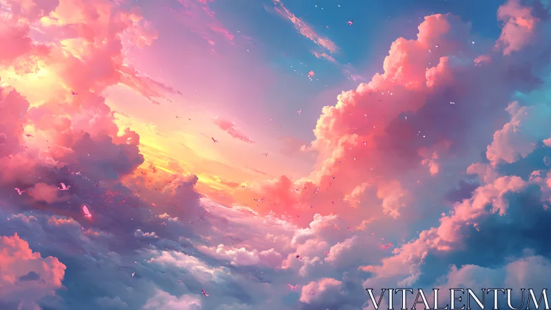 Digital painting of luminous sunset clouds in panoramic skyscape.