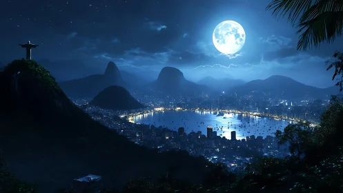 Rio de Janeiro bay at night under bright full moon glow.