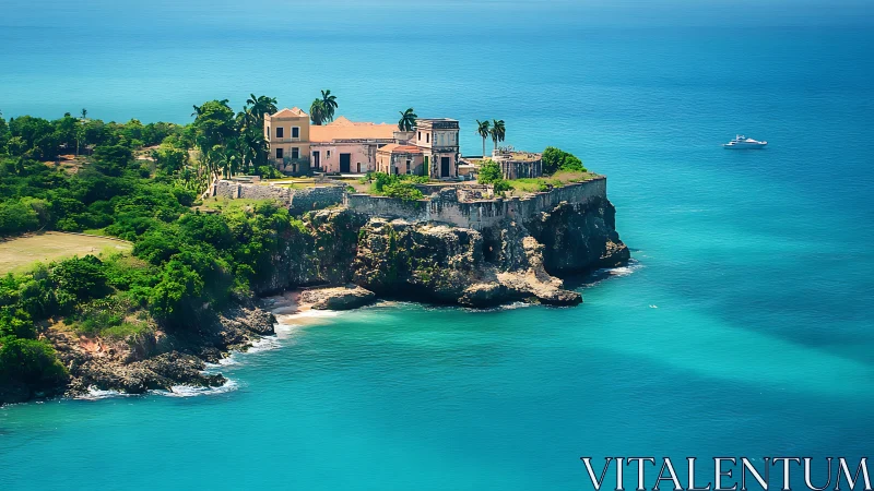 Seaside Palazzo on Rocky Headland with Turquoise Waters.