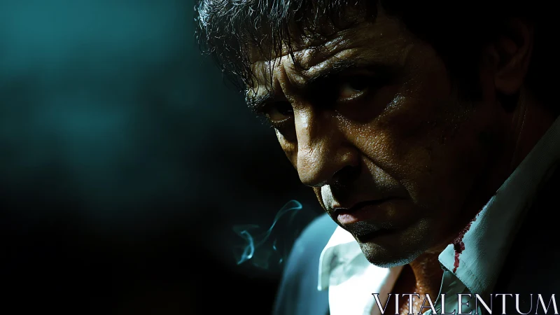 Brooding man in smoky low light radiates tense intensity