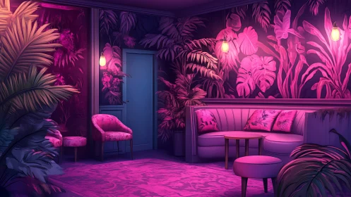 Neon magenta lounge interior uses dramatic foliage lighting gradients