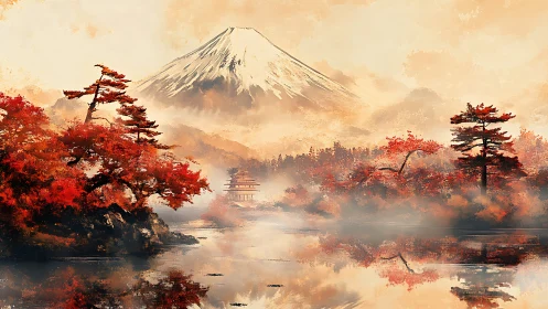 Gentle autumn lake beneath a quiet snow-capped mountain.