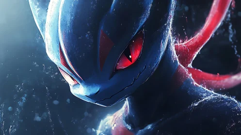 Bioluminescent creature portrait with intense red gaze.