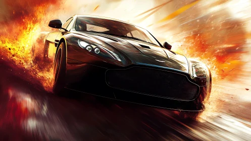 Sleek sports car racing through firelit city streets.