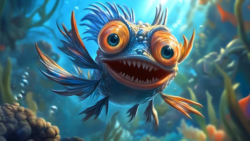 Cartoon-style wide-eyed fish in colorful reef scene.