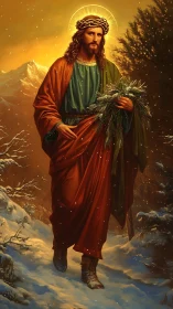 Robe-clad haloed figure walking through snowy forest path.