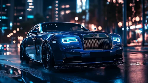 Midnight blue supercar glides through neon city rainstorm.