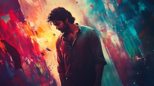 Solitary figure against vivid abstract color field.