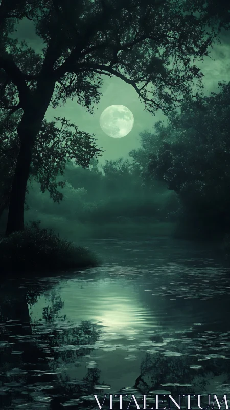 Full moon glows over misty forest lake at midnight.