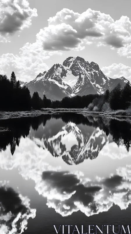 Quiet snowcapped mountain mirrored in a calm still lake.
