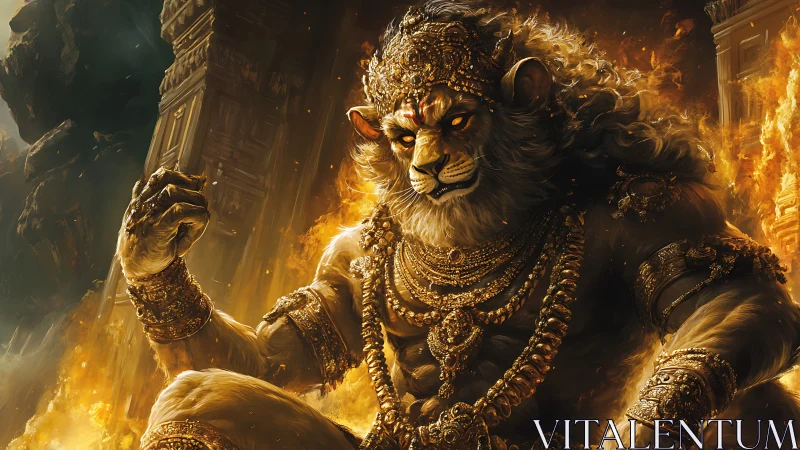 Lion-headed armored deity amid burning temple ruins.