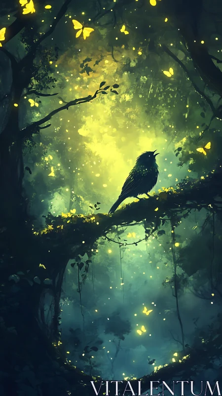 Moonlit forest chorus with glowing butterflies and songbird.